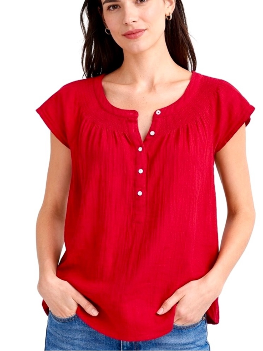 Vineyard Vines Double Gauze Flutter Sleeve Top Lighthouse Red, XS, 100% Cotton
